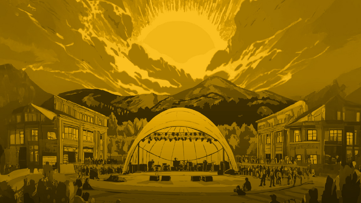 Illustration depicting a music stage under a big white half dome tent in a plaza with people all around and mountains in the background with the sun shining in the sky.