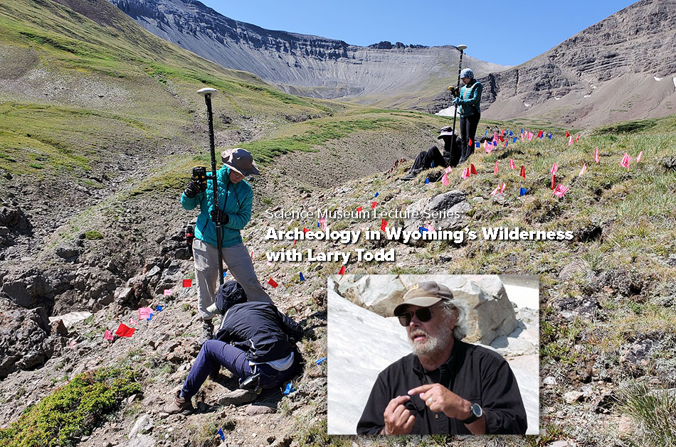 Image showing archeology field students marking a site with small red flags up in the alpine - above treeline - zone of the Absaroka Mountains in Wyoming